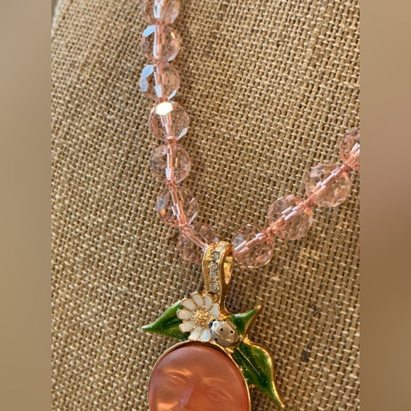 Vintage Kirk's Folly Peach Moon Face Pendant Necklace: Swarovski Crystal Flowers - Picture 5 of 7